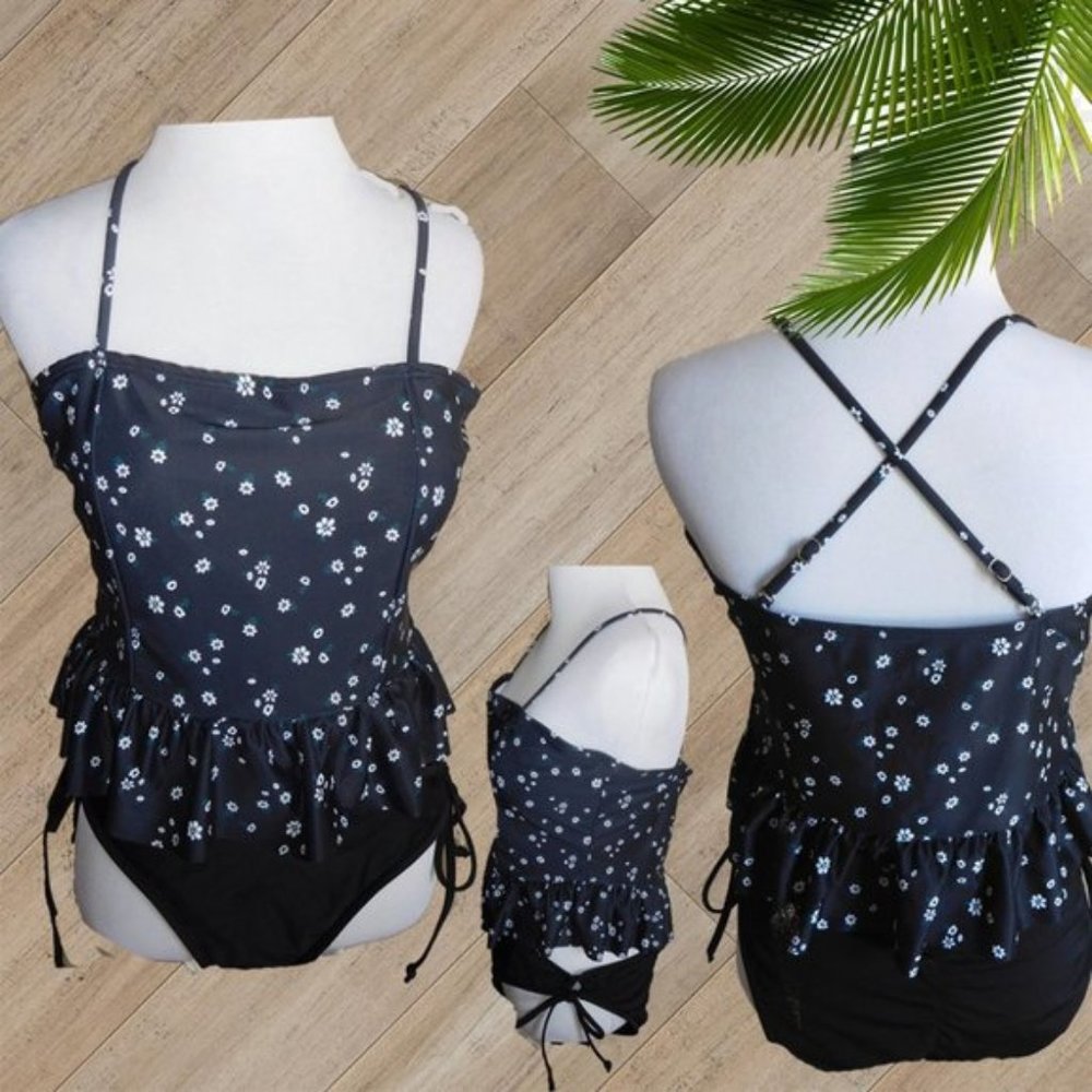 BLACK PRINT RUFFLE TWO PIECE SWIMSUIT